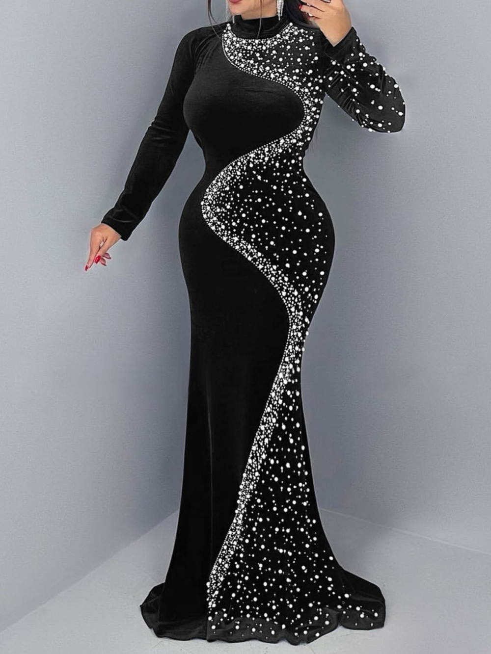 Rhinestone Embellished Velvet Mermaid Evening Maxi Dress